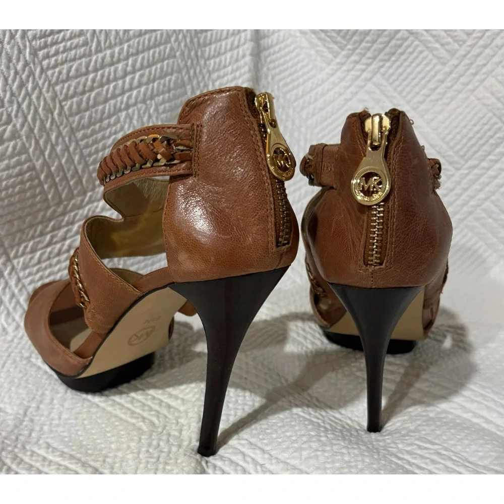 Michael Kors Tan Leather Platform Stilettos Braided Strap Gold-tone Accents 9.5